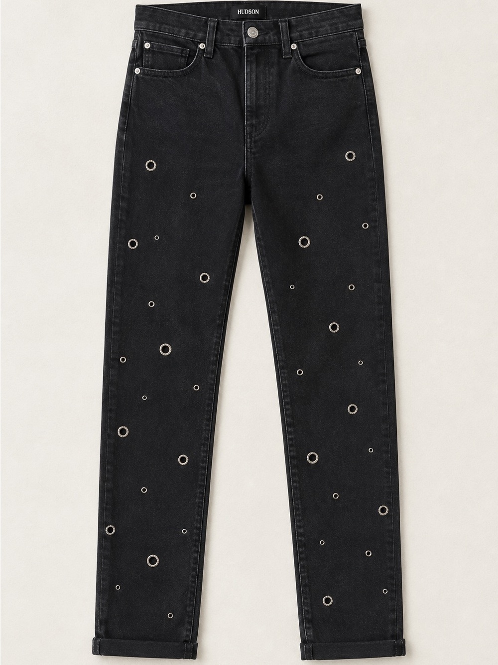 Hudson Jeans Black Grommet-Embellished Straight Jeans size 32